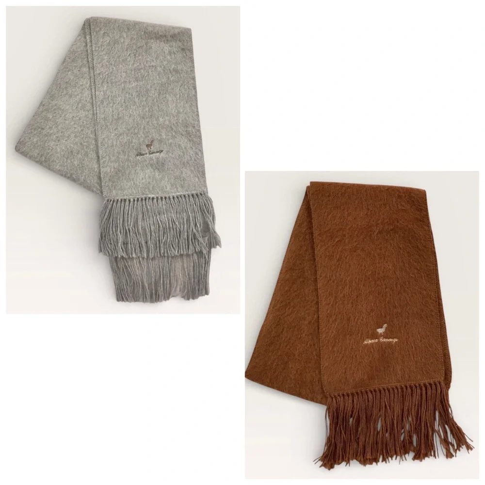 Alpaca Camargo 2 Set Wool Gray & Brown Fringed Scarves Soft & Cozy